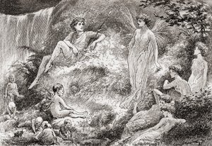 Titania: Stel je hart gerust: Het feeënland koopt het kind niet van mij, scène uit William Shakespeares Een Midzomernachtsdroom, Act II, Scene 1, uit De Werken van William Shakespeare, gepubliceerd 1896 door Gordon Frederick Browne